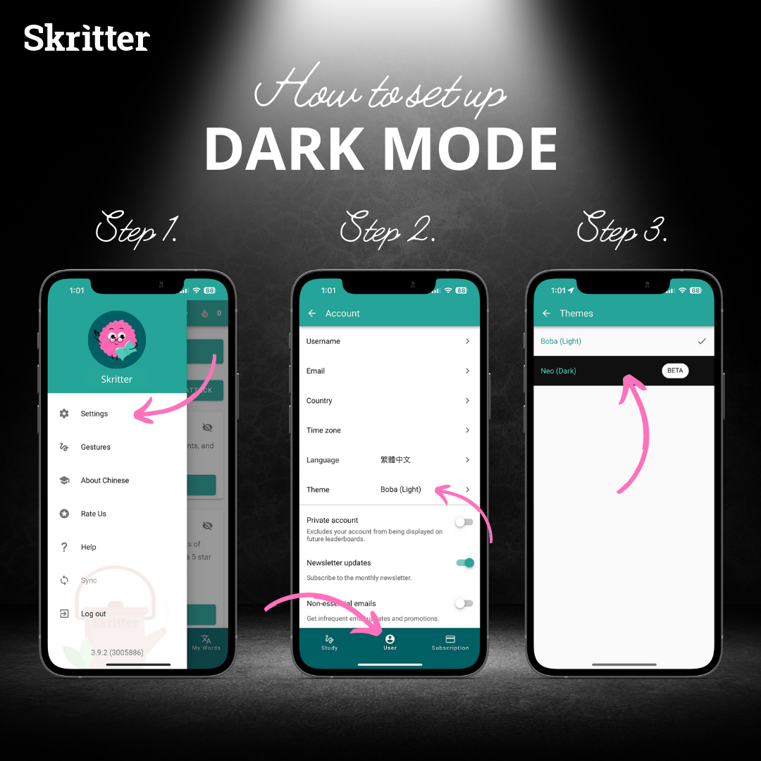 how to enable dark mode on Skritter